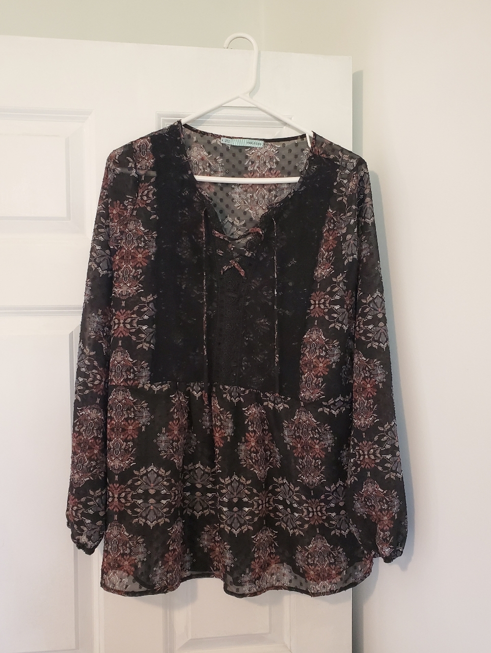 Black Lace Up Crochet Corset Tie Long Sleeve Sheer Blouse Size Small Oversized